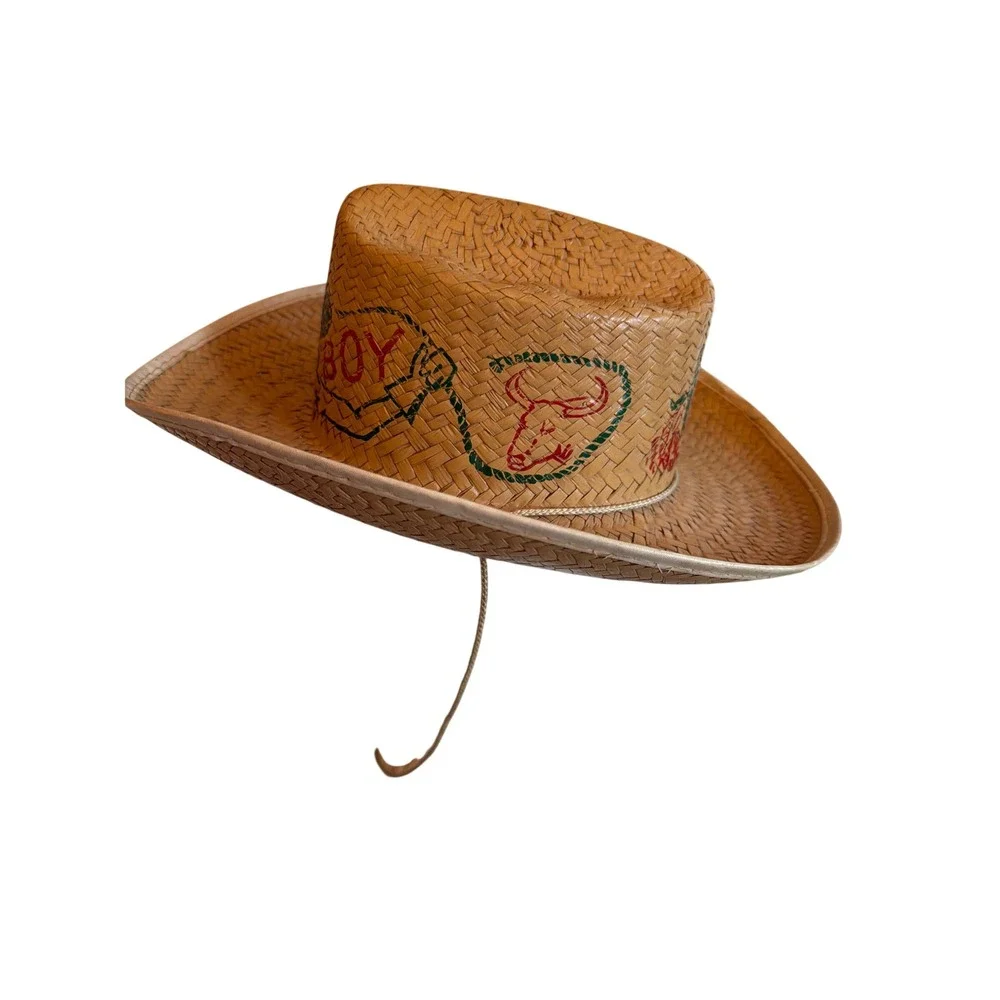 Vintage Cowboy Hat Tan Woven Straw Graphic Print Rodeo Western Chin Strap